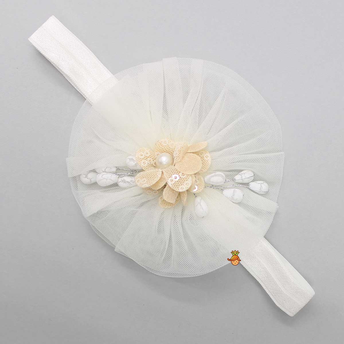 Fairy Embroidered Yoke Off White Multi Layered Dress With Head Band