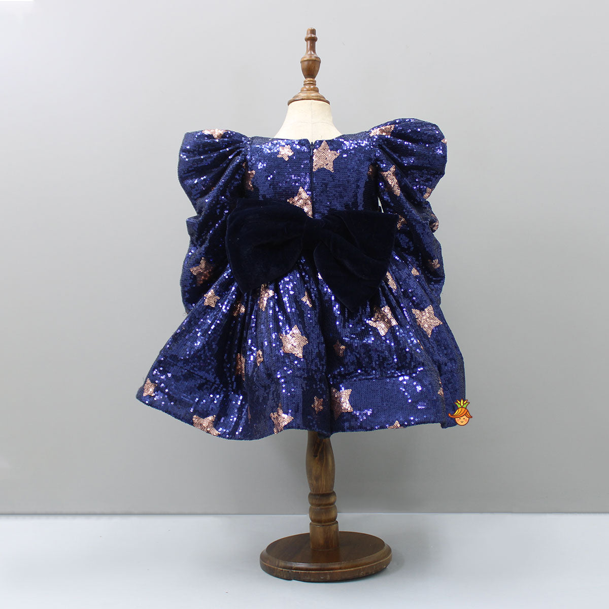 Puffed Sleeves Sequined Blue Dress With Head Band