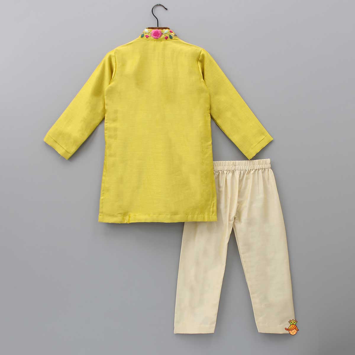 Embroidered Collar And Front Placket Mustard Kurta With Pyjama