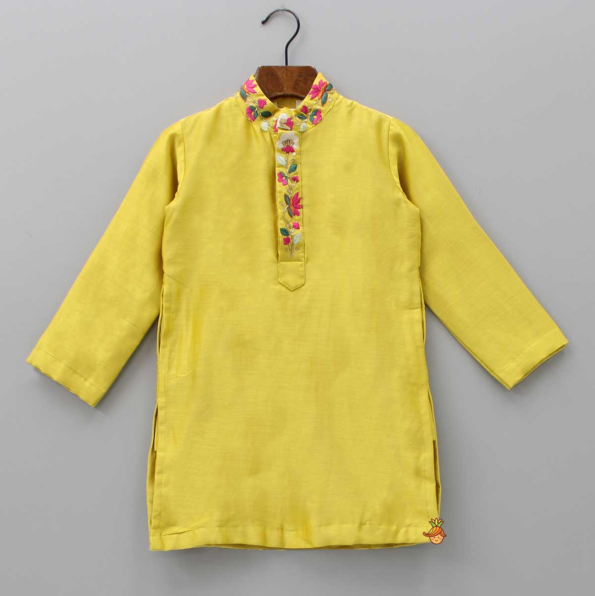 Embroidered Collar And Front Placket Mustard Kurta With Pyjama