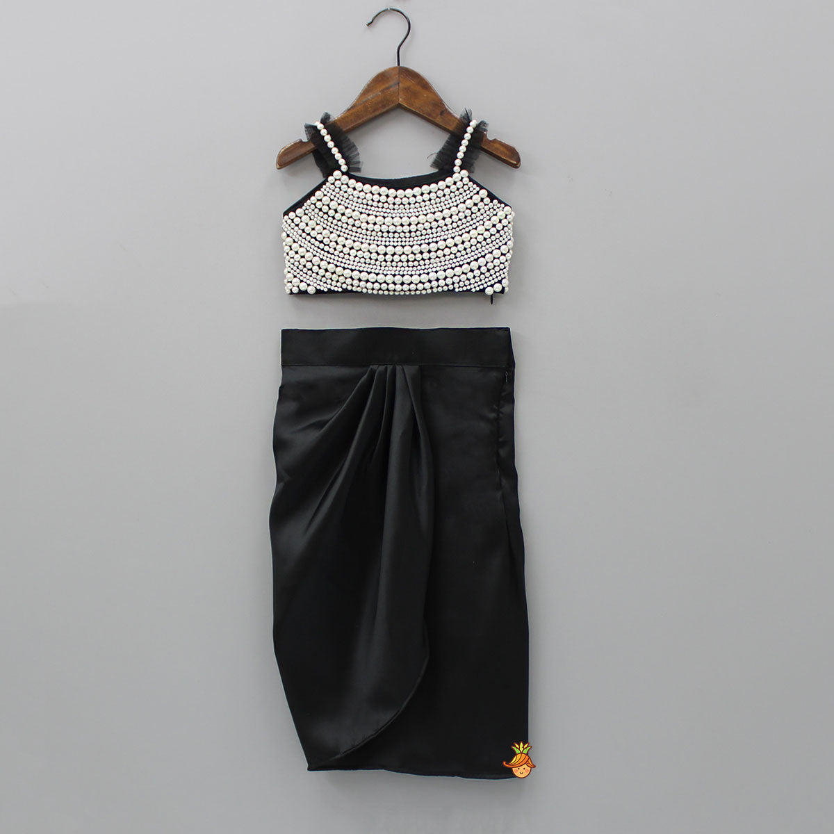 Pre Order: Heavy Yoke Embroidered Black Top And Dhoti Style Skirt