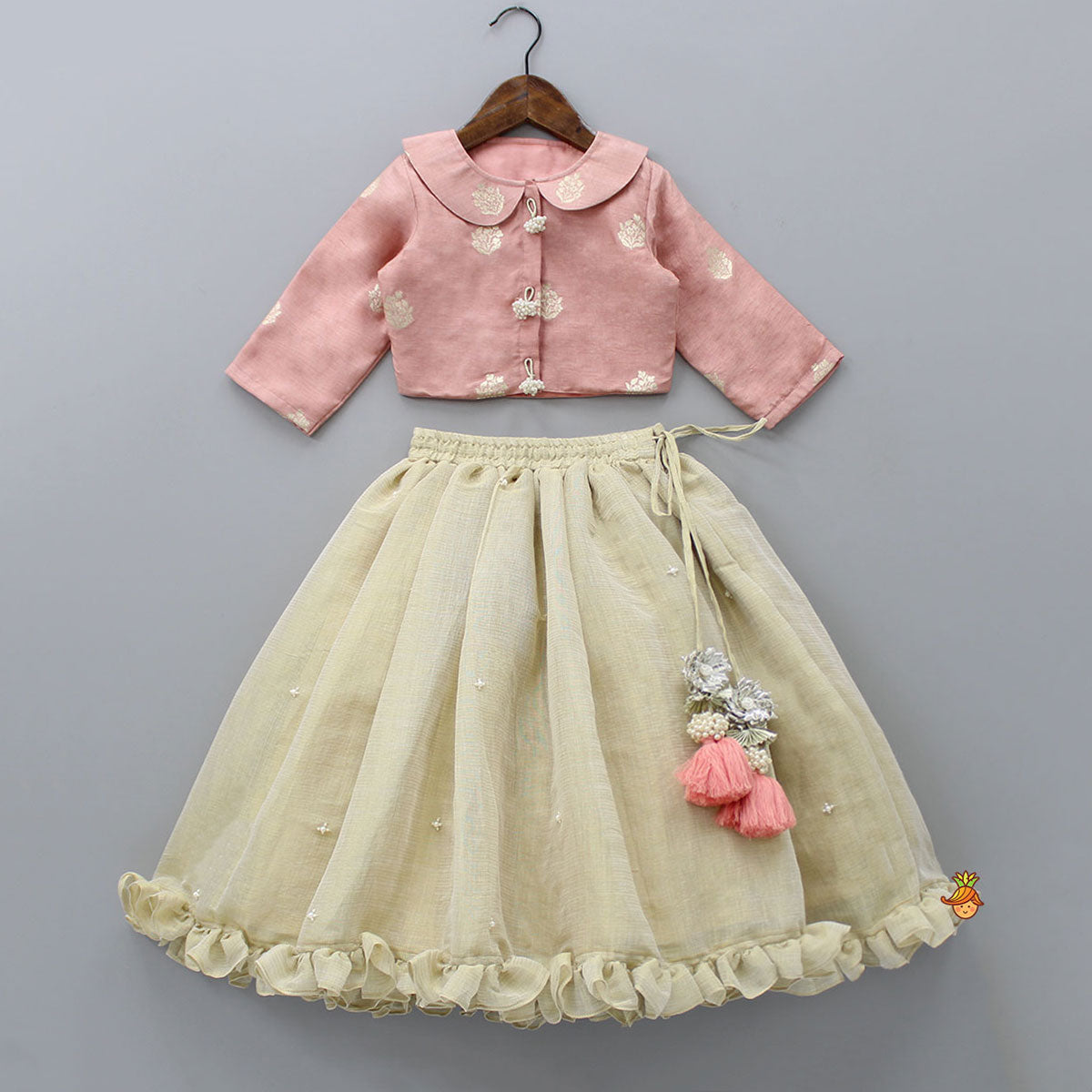 Peter Pan Collar Peach Top And Ruffle Hem Lehenga
