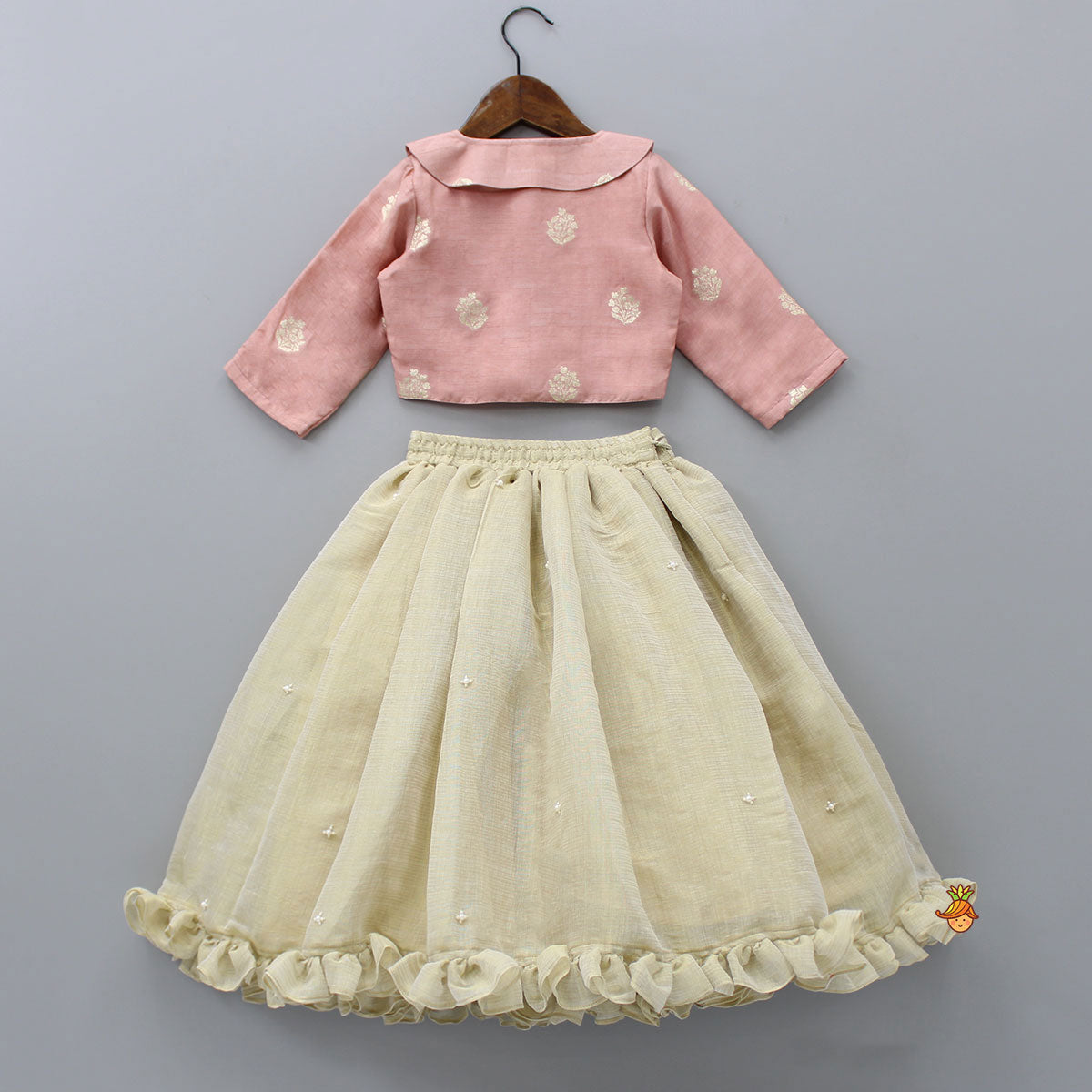 Peter Pan Collar Peach Top And Ruffle Hem Lehenga