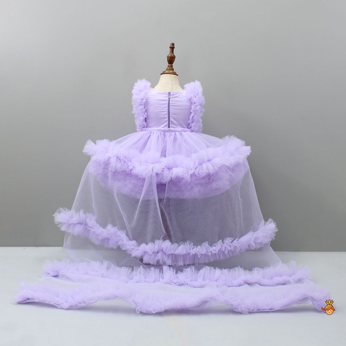 Embroidered Yoke Ruffle Hem Lavender Dress With Detachable Trail And Matching Head Band