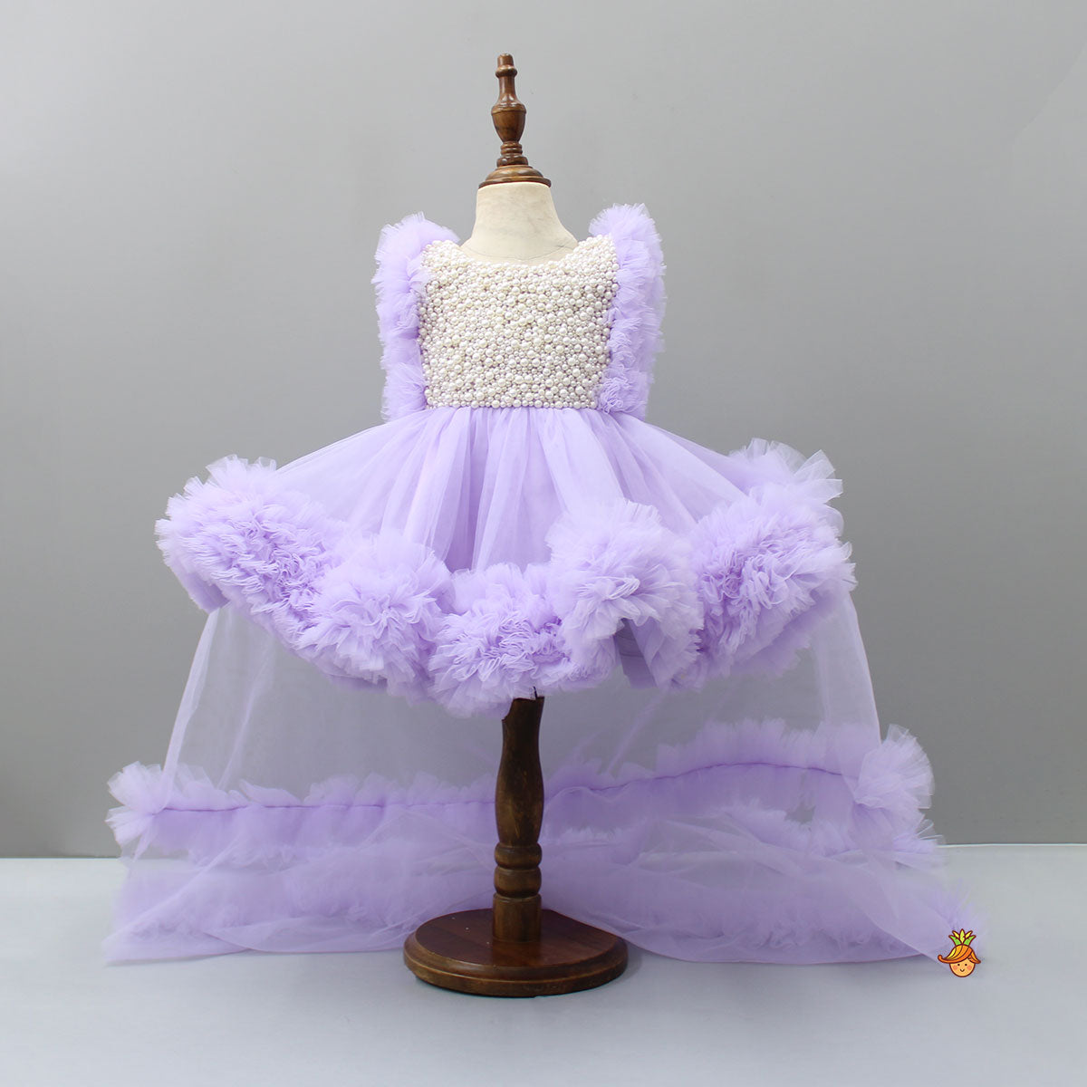 Embroidered Yoke Ruffle Hem Lavender Dress With Detachable Trail And Matching Head Band
