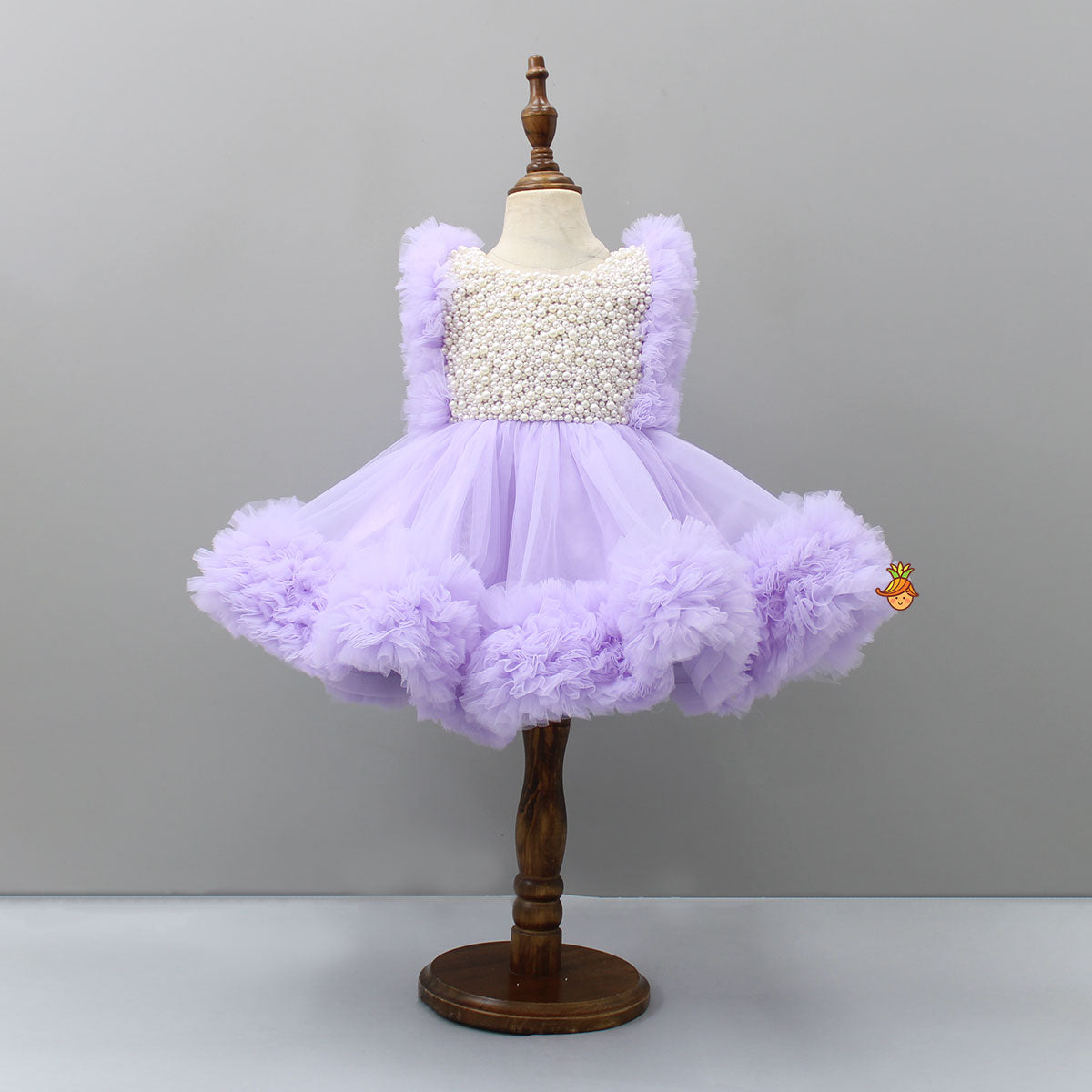 Embroidered Yoke Ruffle Hem Lavender Dress With Detachable Trail And Matching Head Band