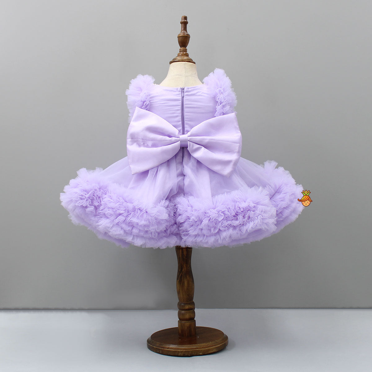 Embroidered Yoke Ruffle Hem Lavender Dress With Detachable Trail And Matching Head Band