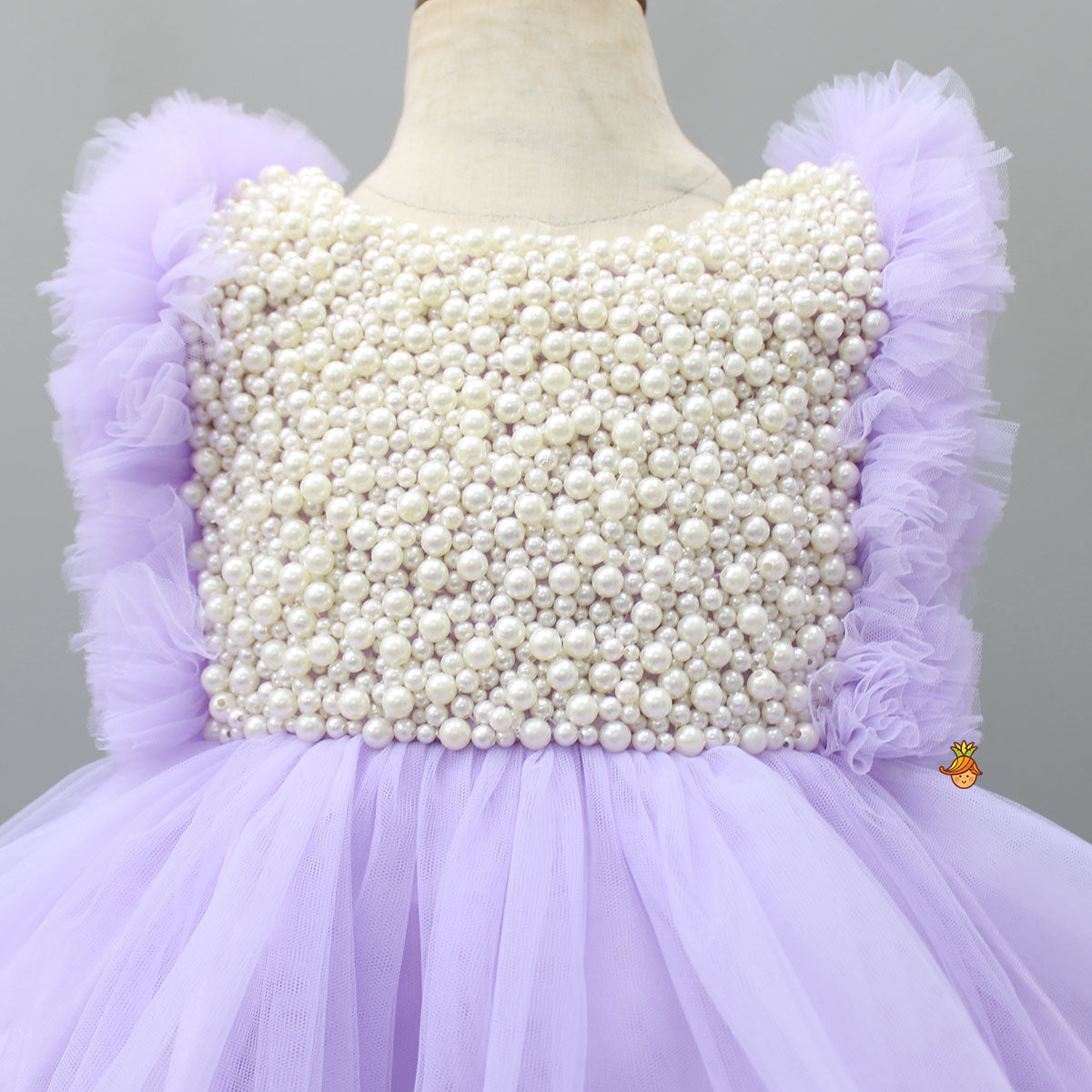 Embroidered Yoke Ruffle Hem Lavender Dress With Detachable Trail And Matching Head Band
