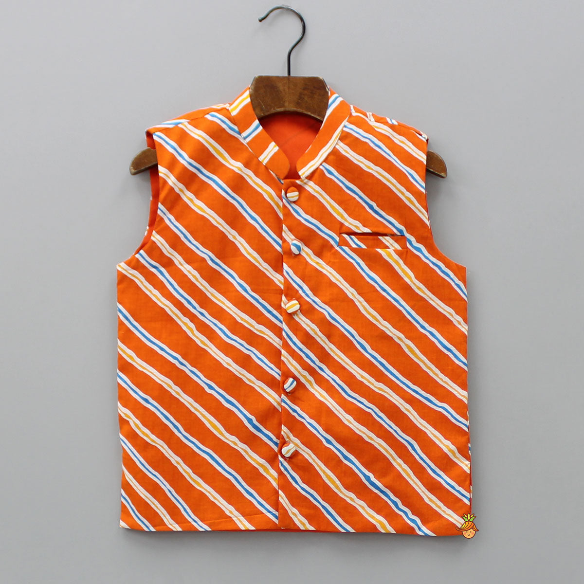 Mandarin Collar Kurta With Leheriya Printed Orange Jacket And Pyjama
