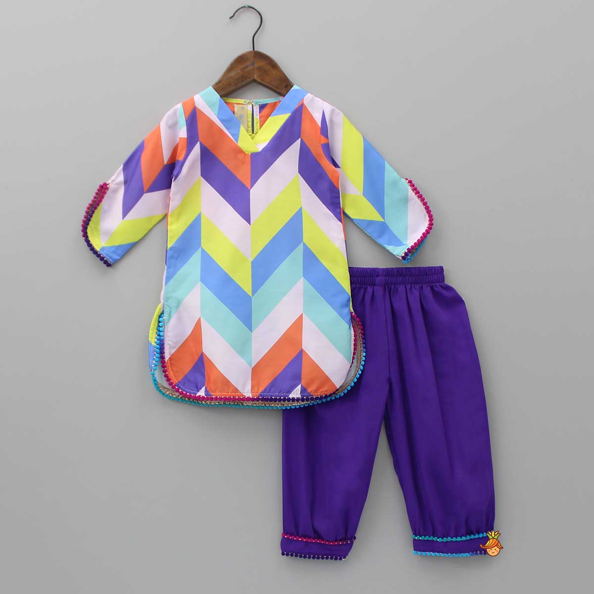 Pre Order: Pom Pom Lace Detail Stylish Hem Multicolour Kurti And Purple Patiala