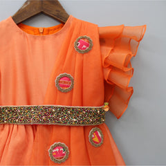 Pre Order: Organza Ruffle Sleeves Orange Flap Kurti With Attached Waist Belt