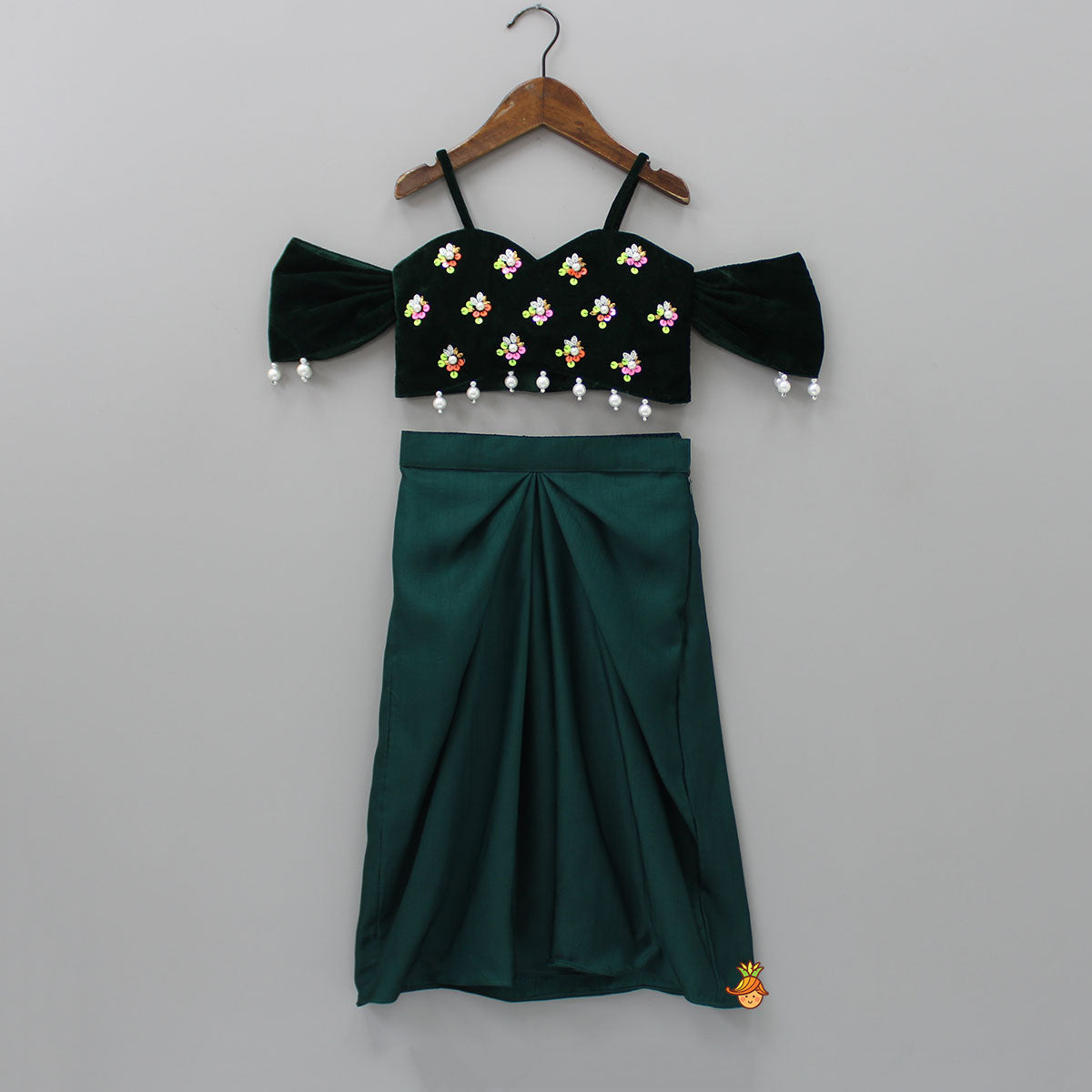 Pre Order: Velvet Green Off Shoulder Top And Dhoti Style Skirt