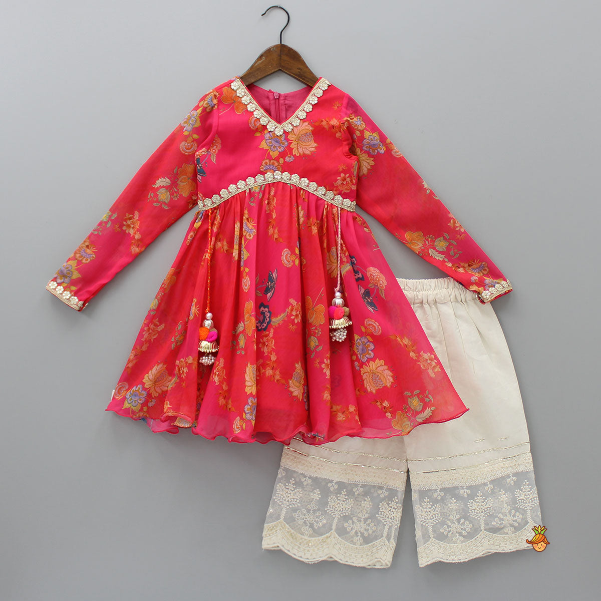 Churidar Sleeves Kurti And Flared Palazzo With Matching Dupatta