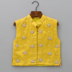 Pre Order: Collar-Neck Mustard Kurta With Embroidered Jacket And Pyjama