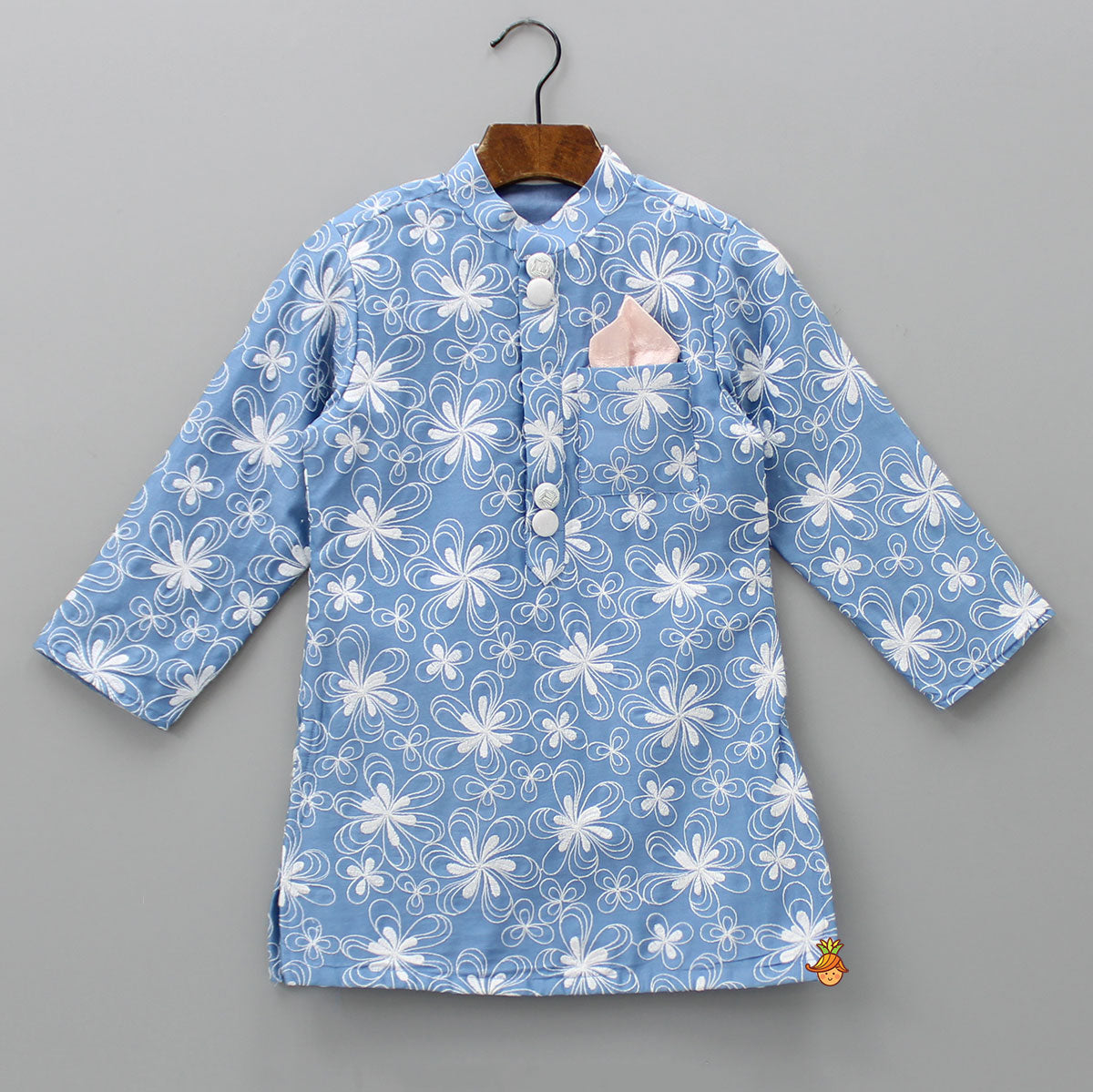 Pocket Square Elegant Blue Embroidered Kurta And Dhoti