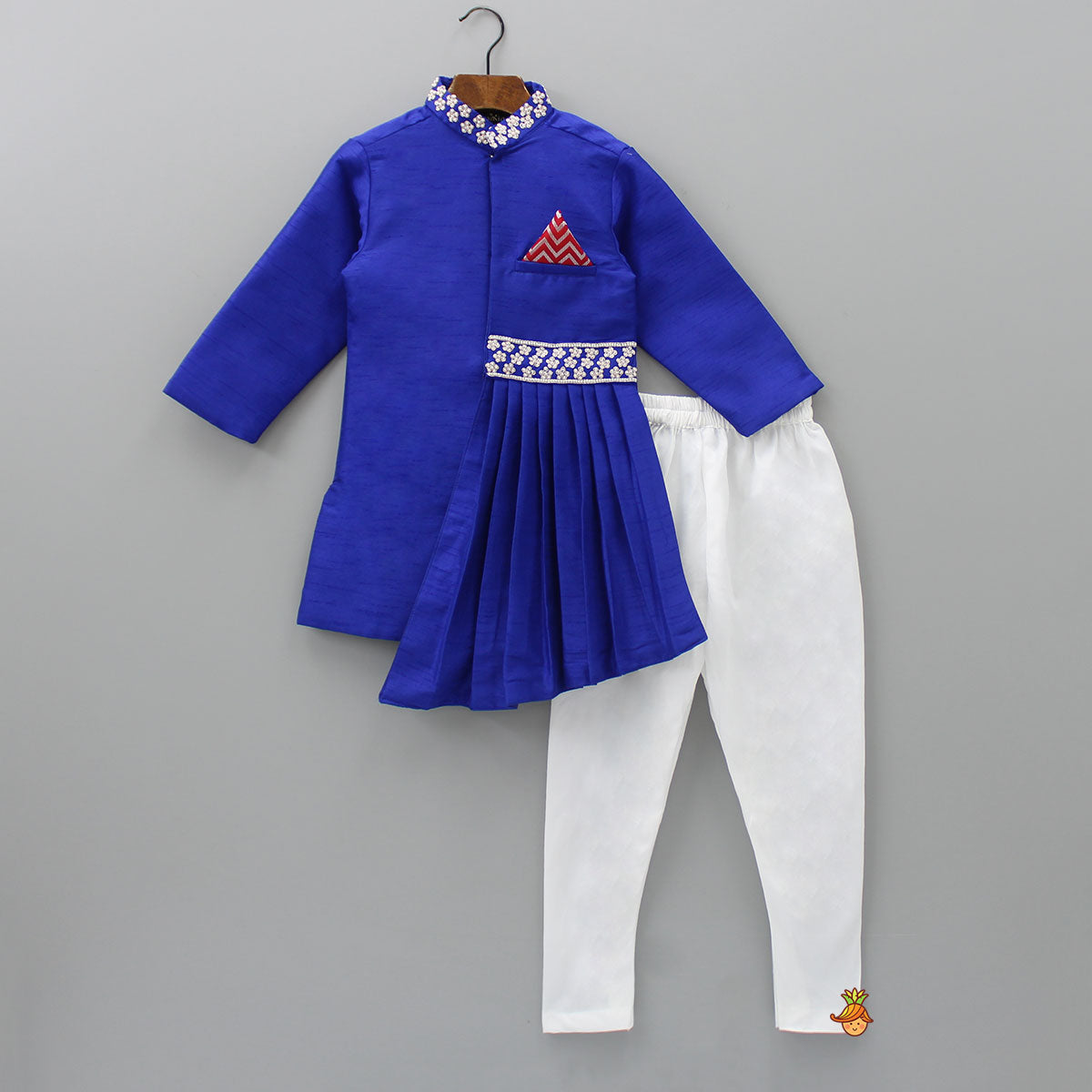 Flowers Embellished Pleated Asymmetric Blue Sherwani And Churidar