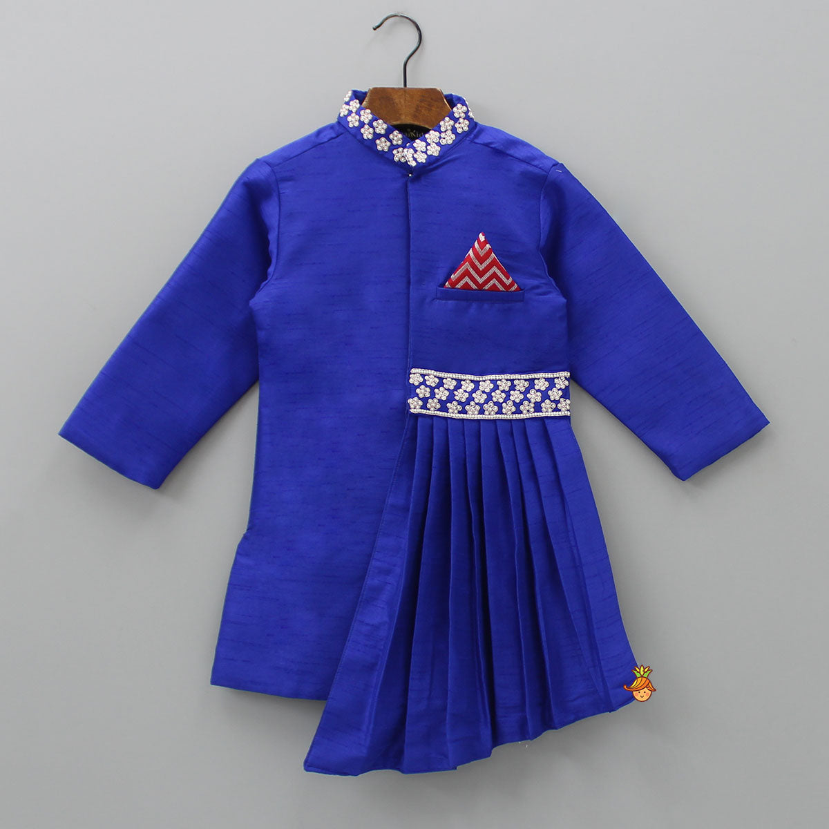 Flowers Embellished Pleated Asymmetric Blue Sherwani And Churidar