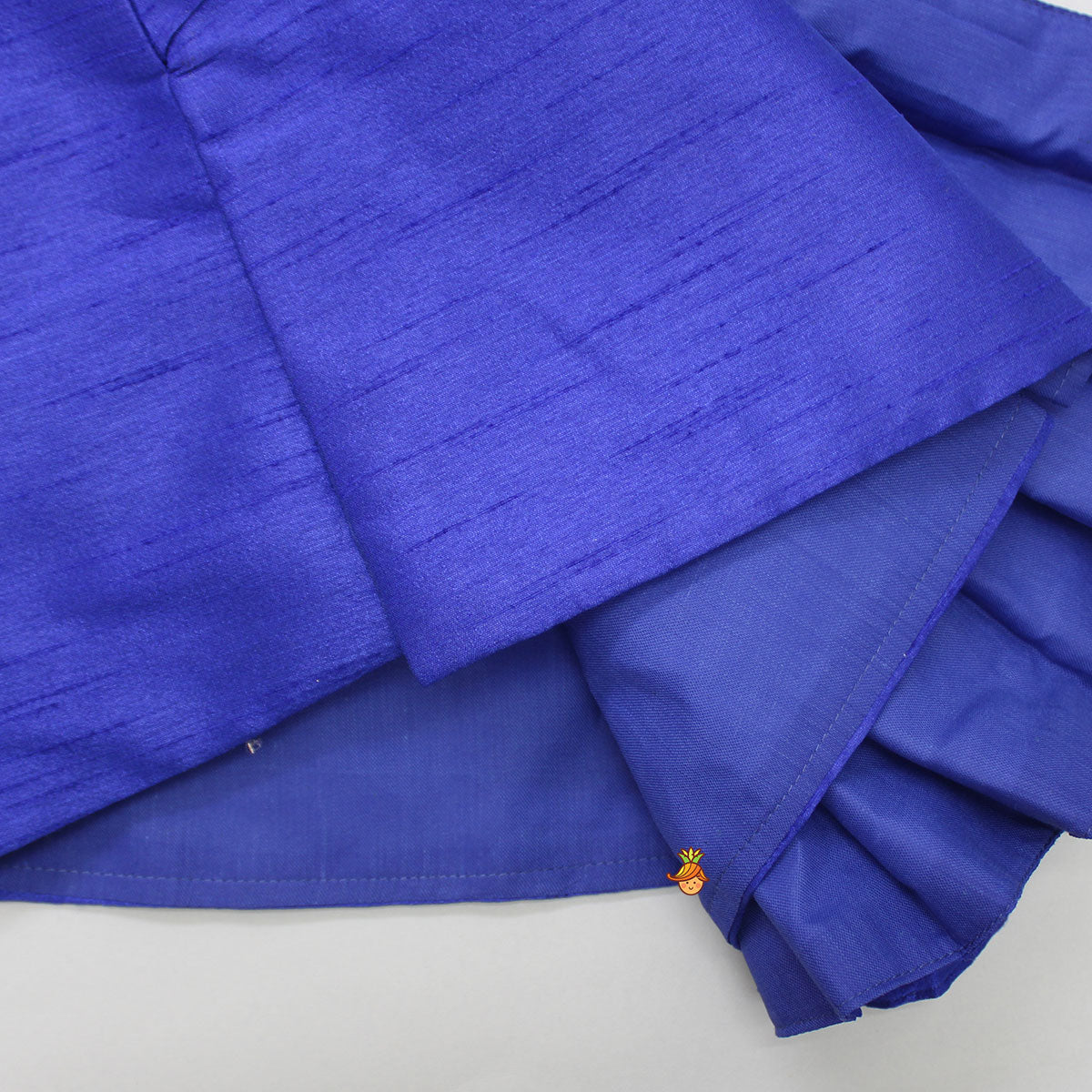 Flowers Embellished Pleated Asymmetric Blue Sherwani And Churidar