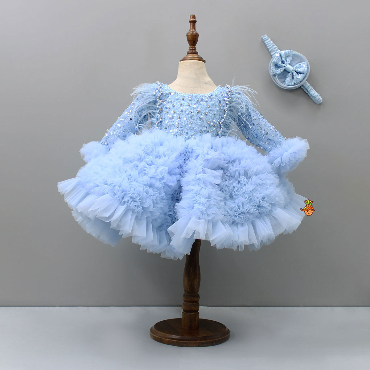 Pre Order: Sequins Embellished Ruffled Blue Dress With Matching Swirled Bowie Head Band