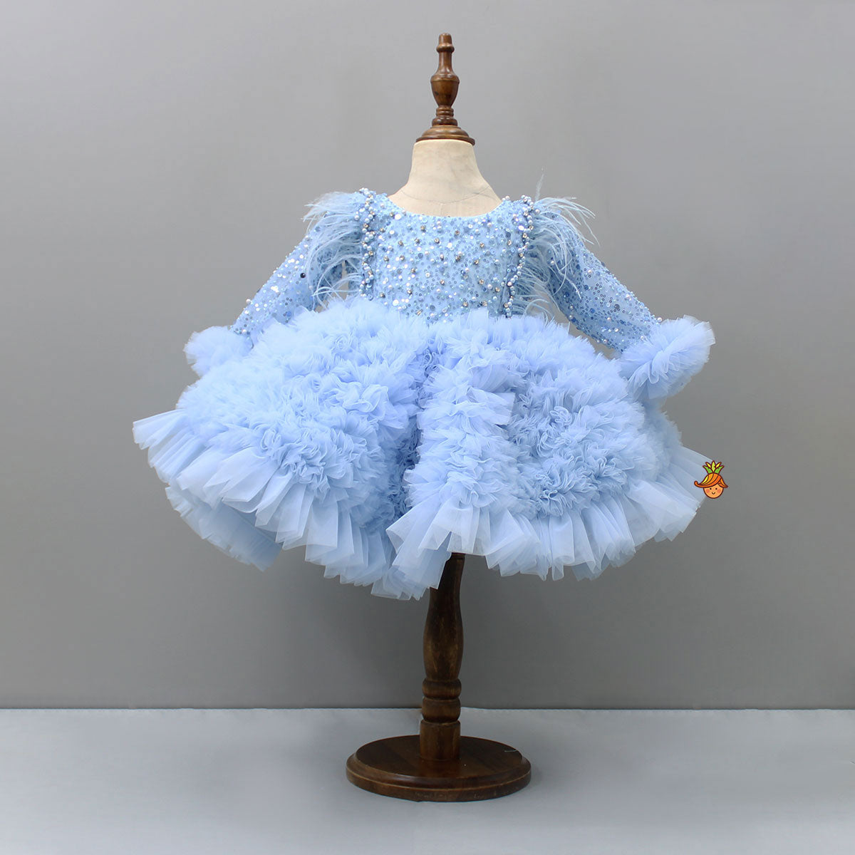 Sequins Embellished Ruffled Blue Dress With Matching Swirled Bowie Head Band