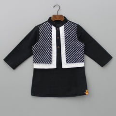 Pre Order: Dual Flap Jacket Style Black Kurta And Pyjama