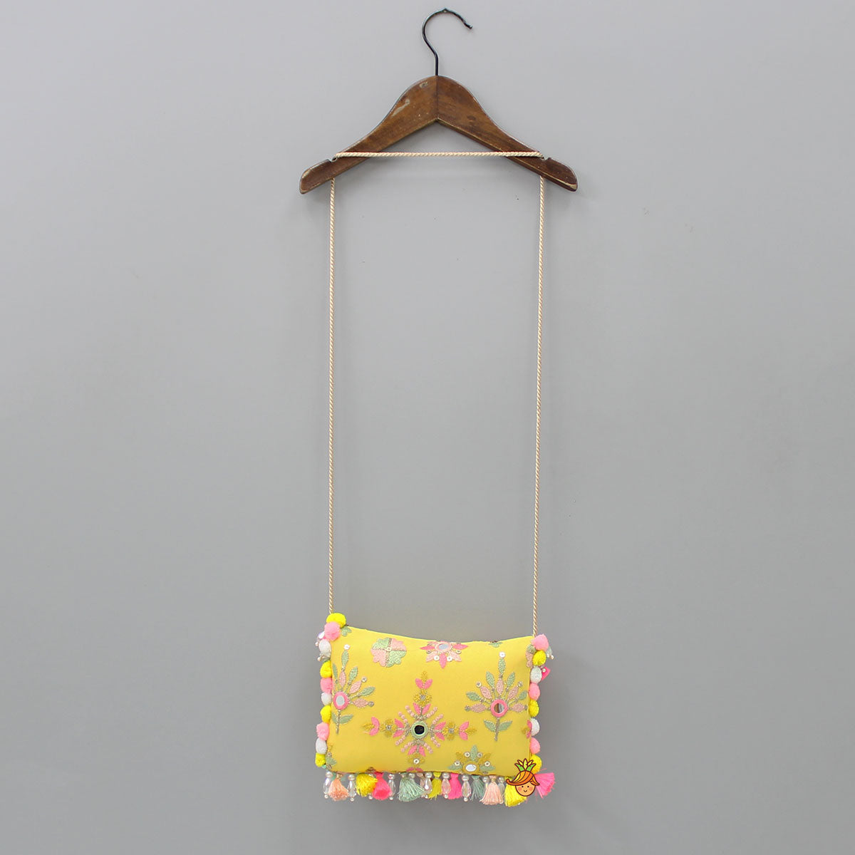 Thread Embroidered Yellow Rope Sling Bag