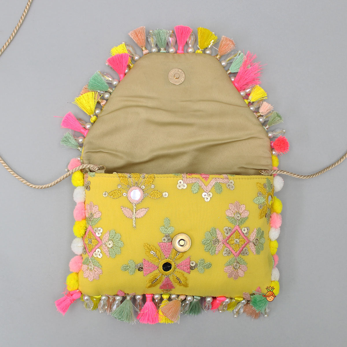 Thread Embroidered Yellow Rope Sling Bag