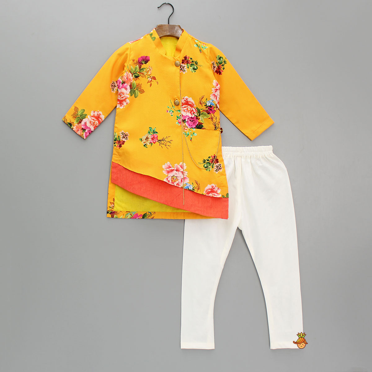 Yellow Floral Kurta And Off white Churidar