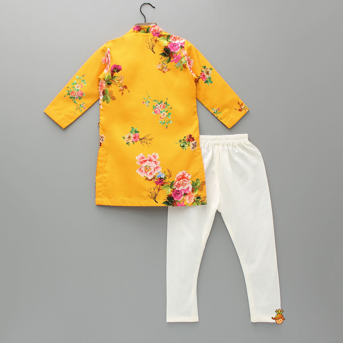 Yellow Floral Kurta And Off white Churidar