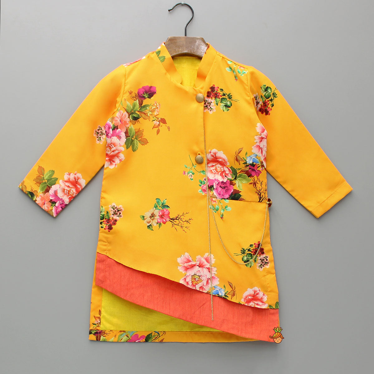 Yellow Floral Kurta And Off white Churidar