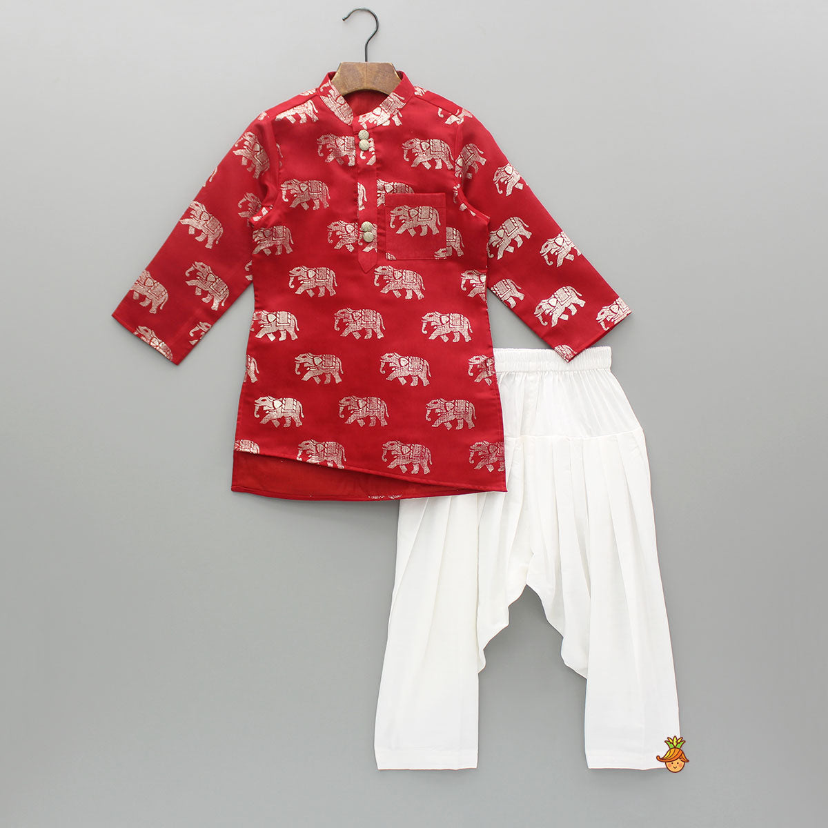 Red Elephant Printed Kurta With White Patiala