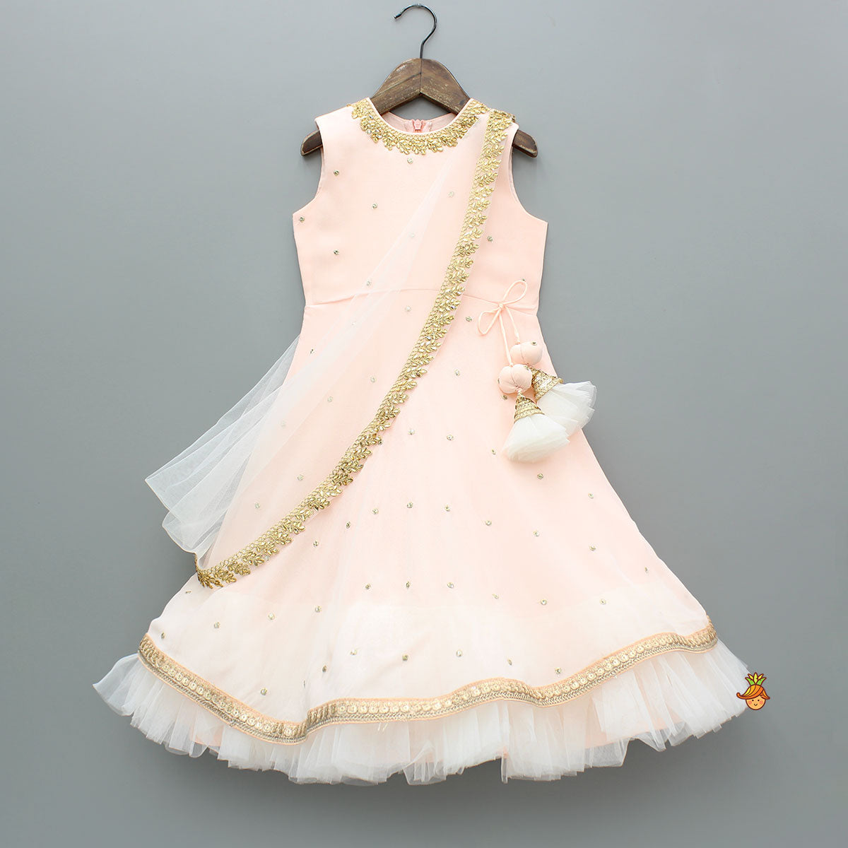 Peach Embroidered Gown With Draped Dupatta