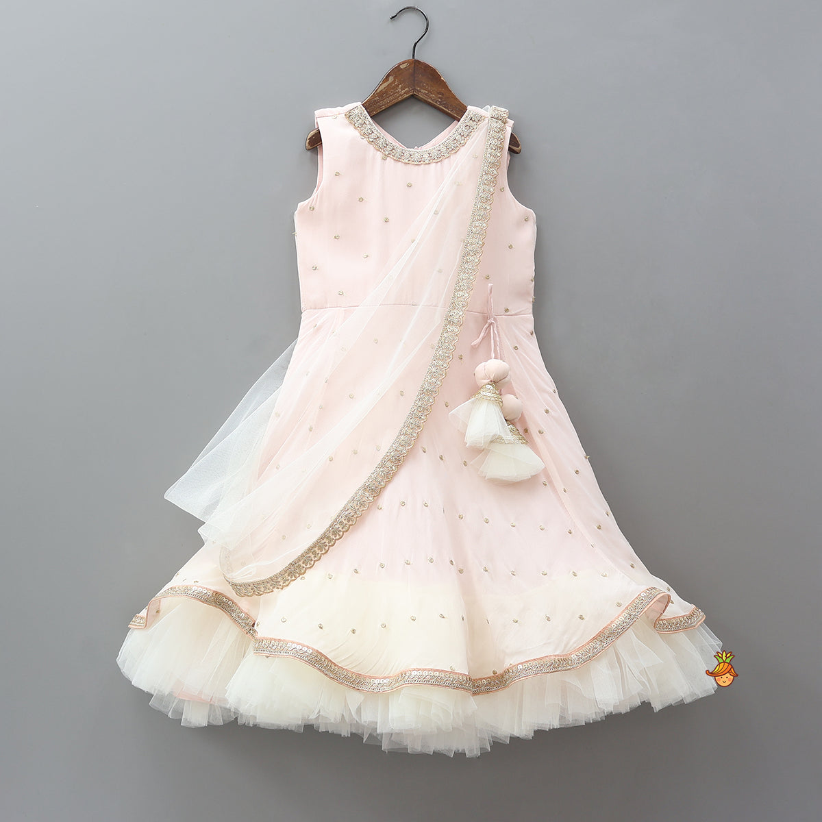 Peach Embroidered Gown With Draped Dupatta