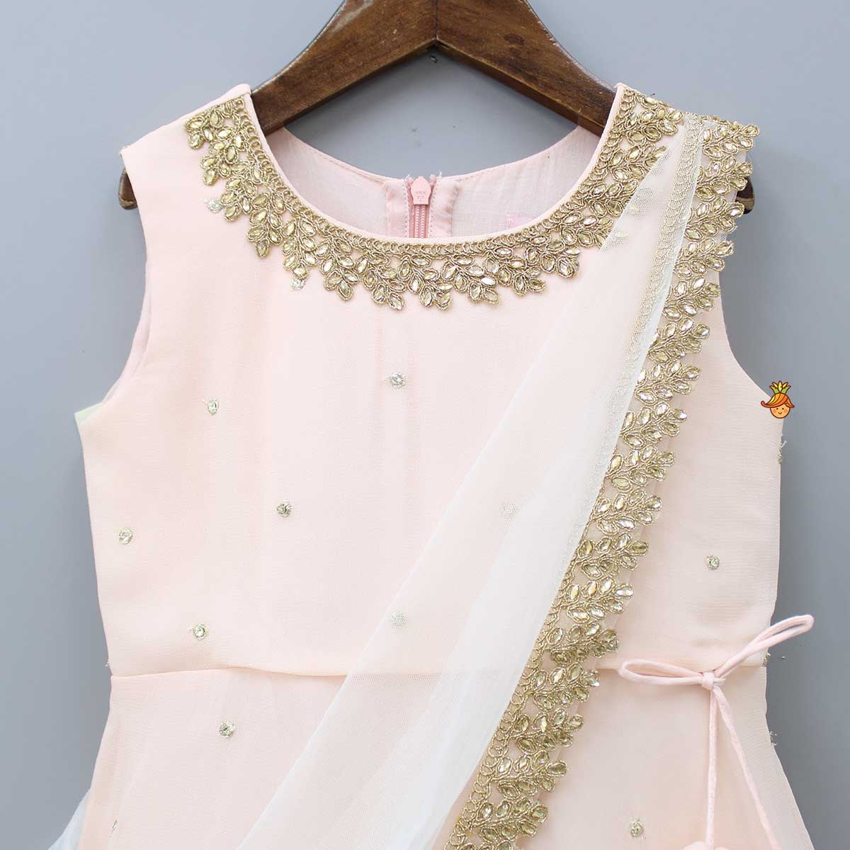 Pre Order: Peach Embroidered Gown With Draped Dupatta