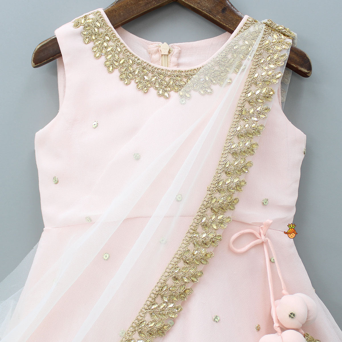 Peach Embroidered Gown With Draped Dupatta