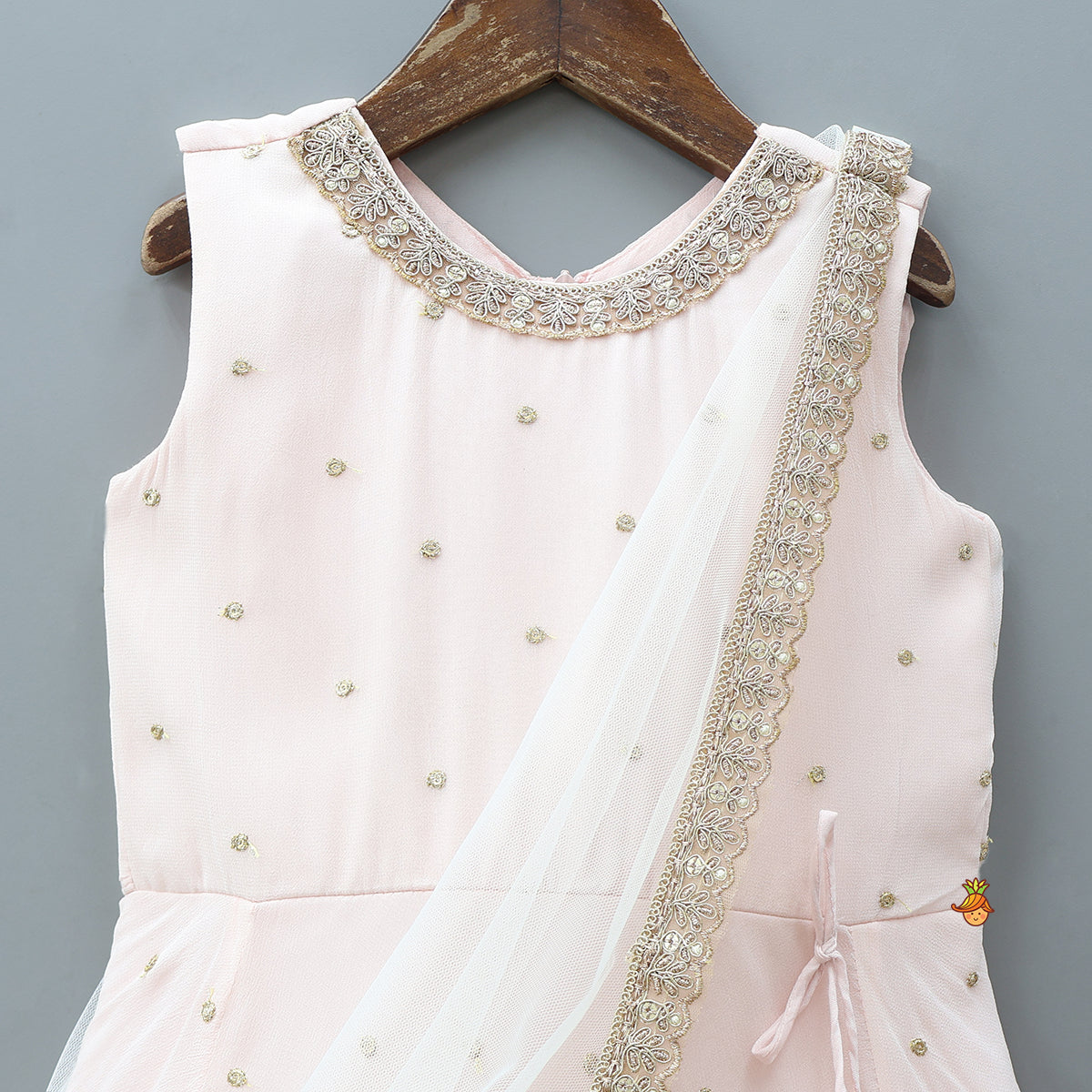 Peach Embroidered Gown With Draped Dupatta