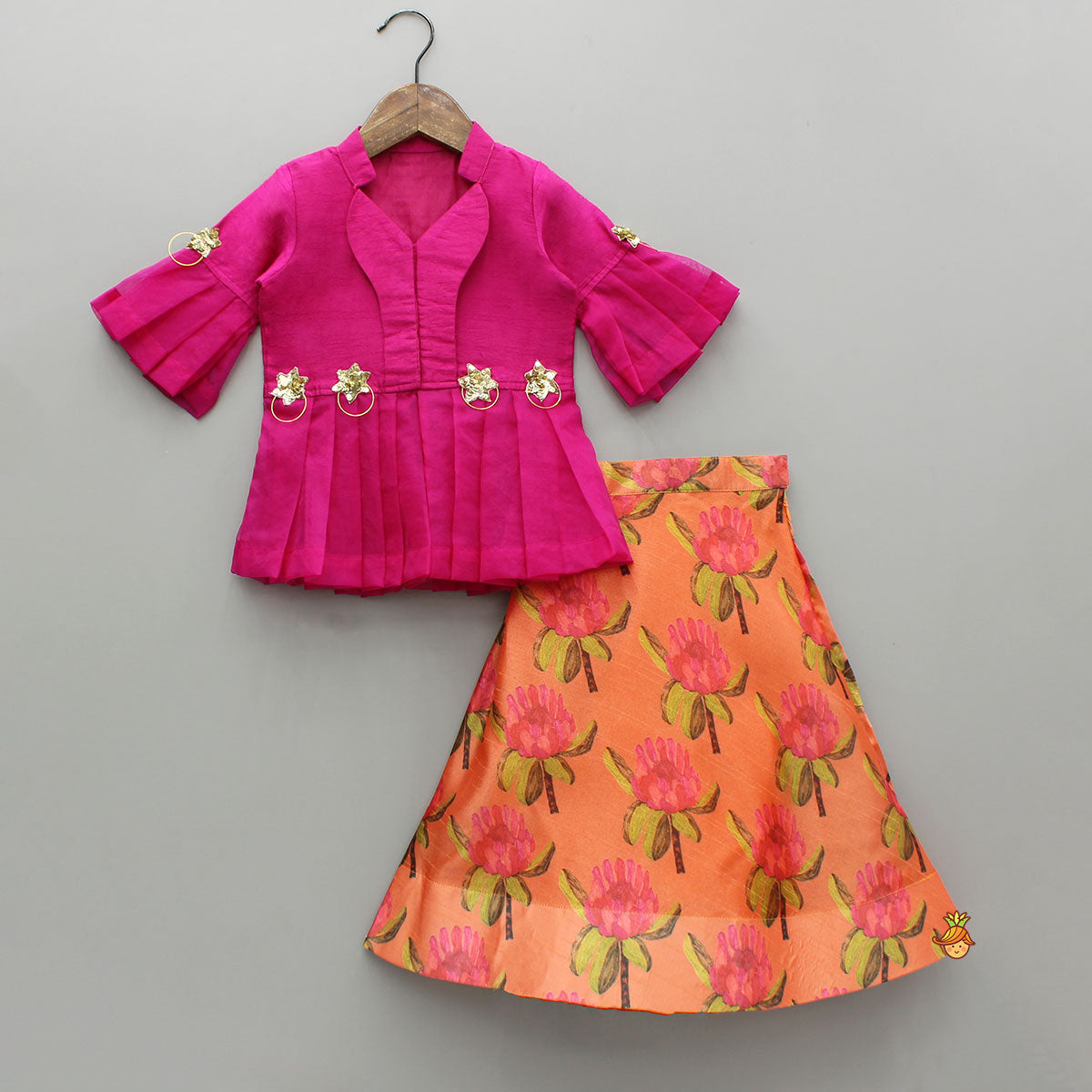 Pink Top And Orange Floral Print Ghagra