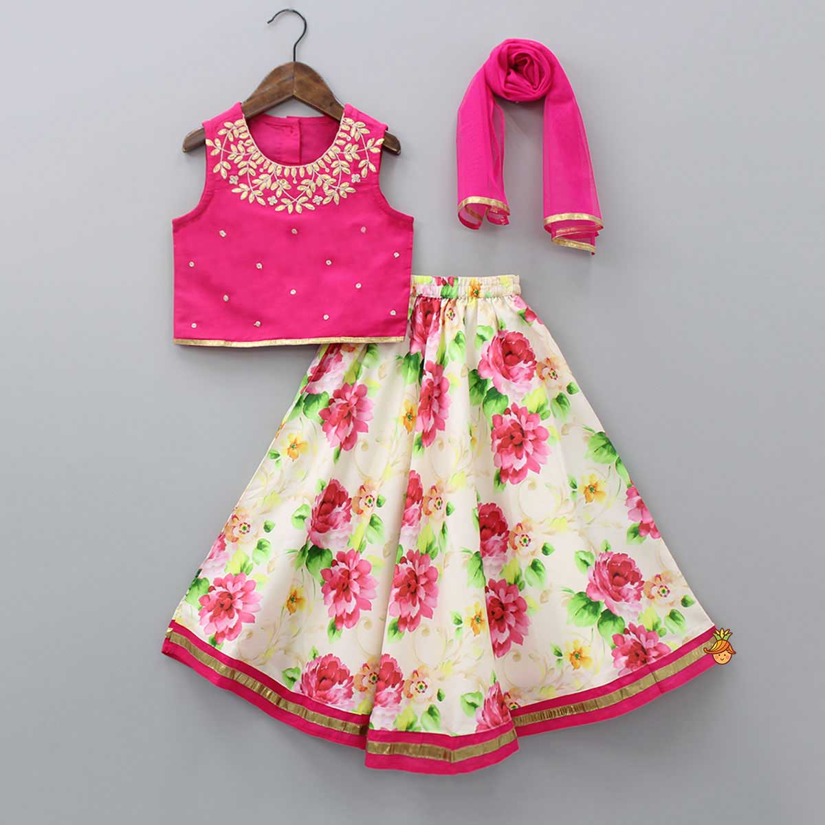 Pink Top With Floral Printed Skirt And Dupatta