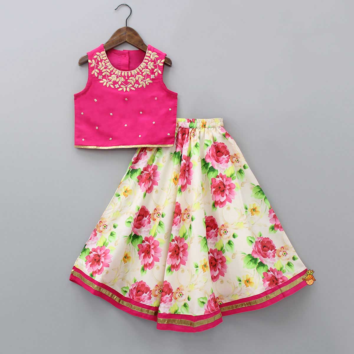Pink Top With Floral Printed Skirt And Dupatta