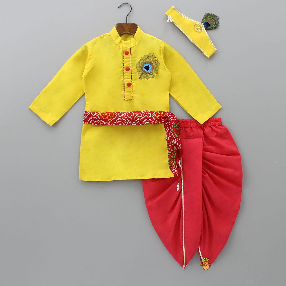Yellow Embroidered Kurta And Dhoti With Krishna Headband