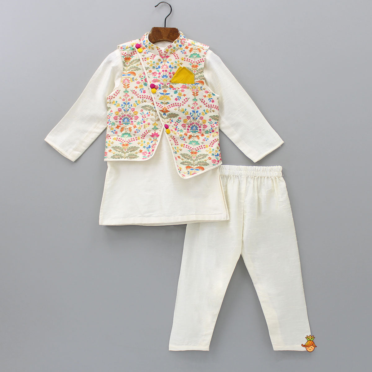 Kurta And Pyjama With Asymmetric Floral Printed Jacket