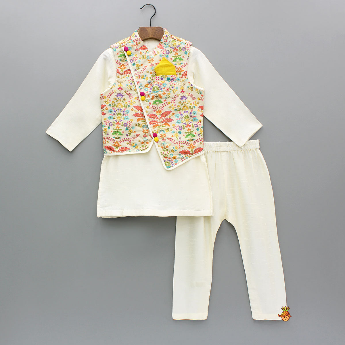 Kurta And Pyjama With Asymmetric Floral Printed Jacket