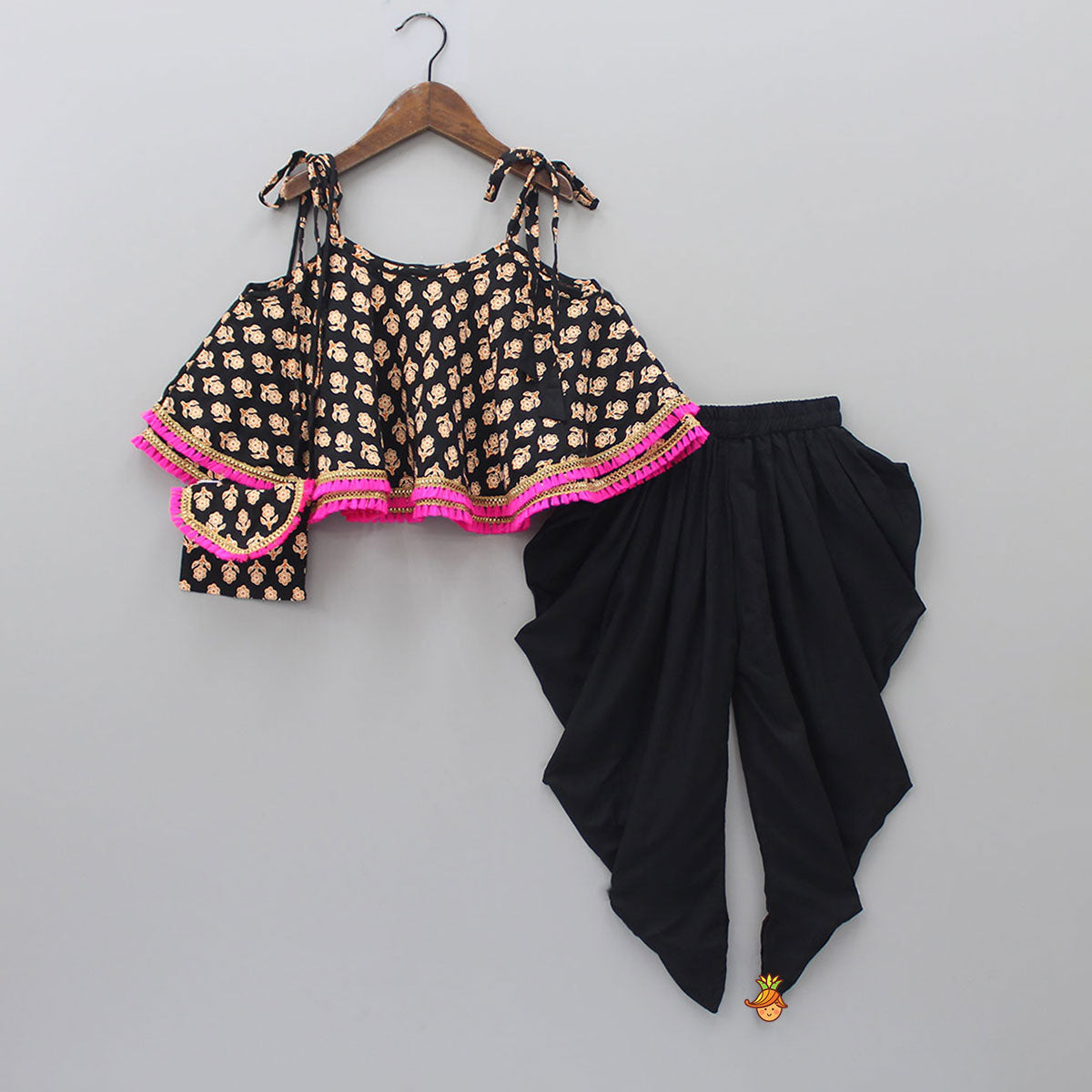 Black Stylish Printed Lace Work Top And Dhoti With Matching Sling Bag