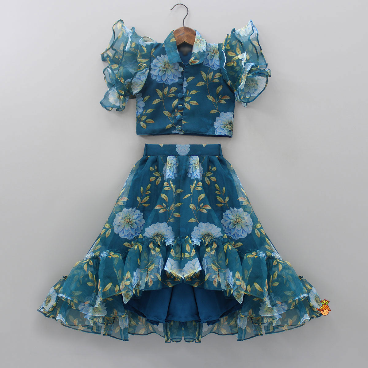 Teal Blue Floral Printed Top and High Low Lehenga