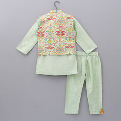 Pre Order: Floral Printed Thread Work Jacket With Green Kurta And Pyjama