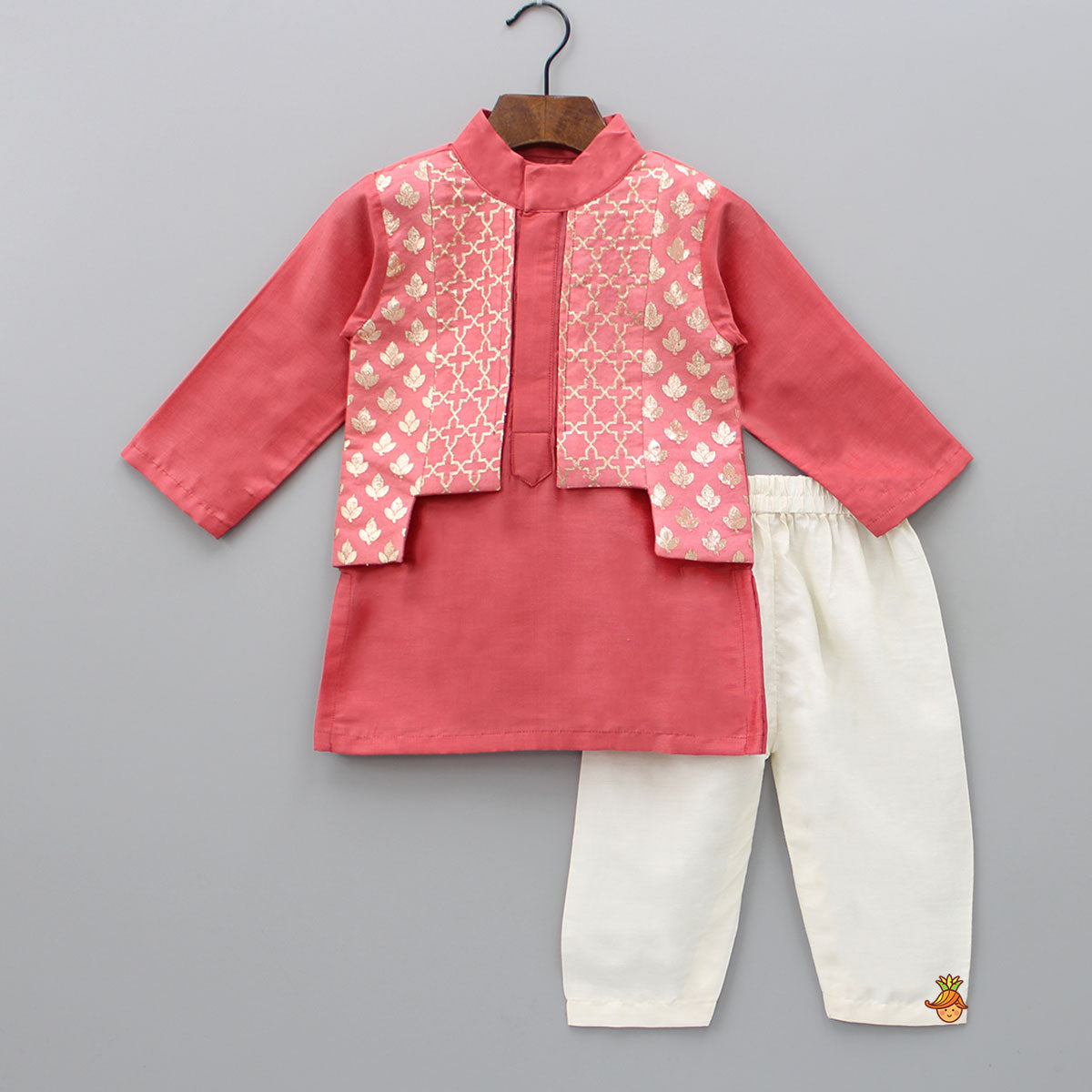 Coral Pink Kurta With Attached Asymmetric Jacket And Pyjama