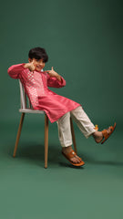Pre Order: Coral Pink Kurta With Attached Asymmetric Jacket And Pyjama