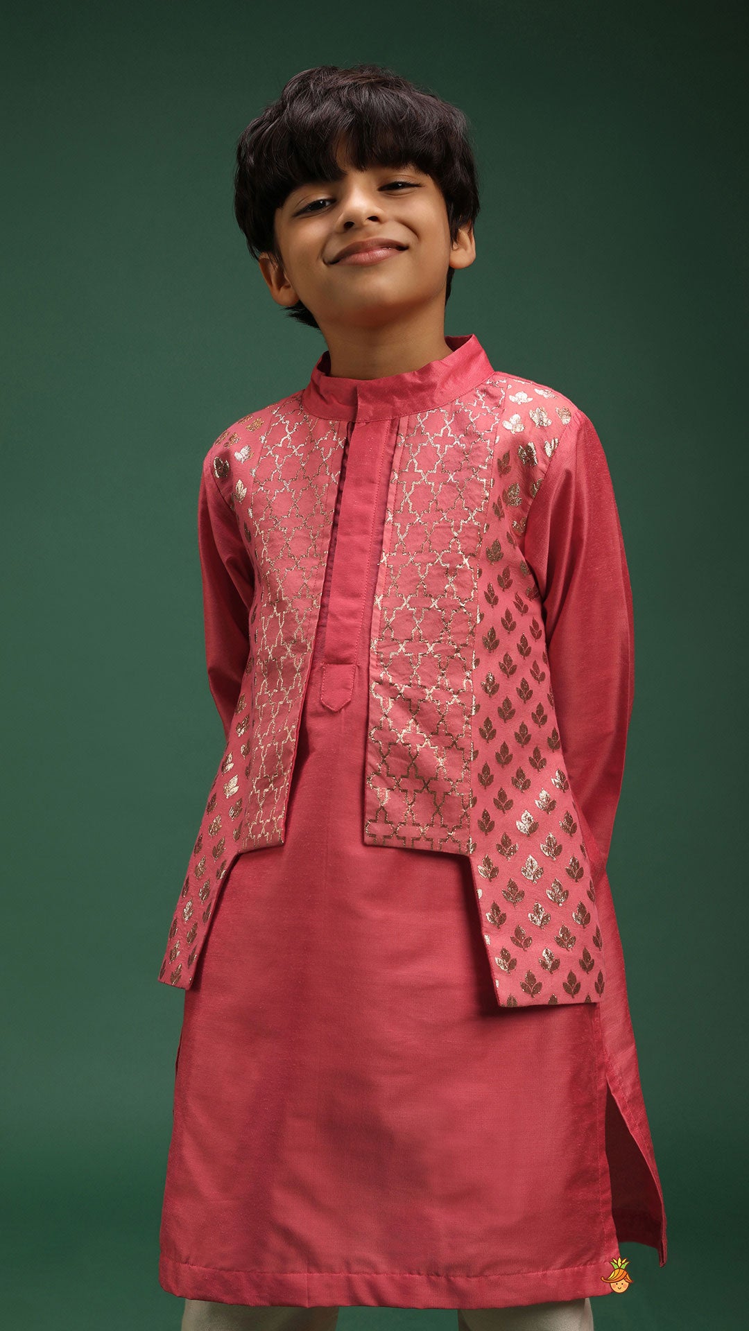 Pre Order: Coral Pink Kurta With Attached Asymmetric Jacket And Pyjama