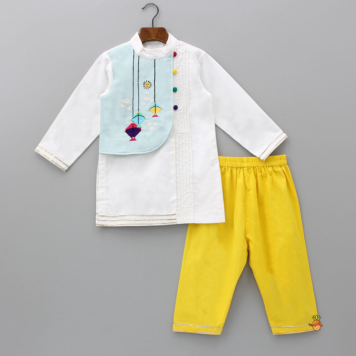 Pre Order: Flying Kite Embroidered Work Pintuck Design Kurta With Pant