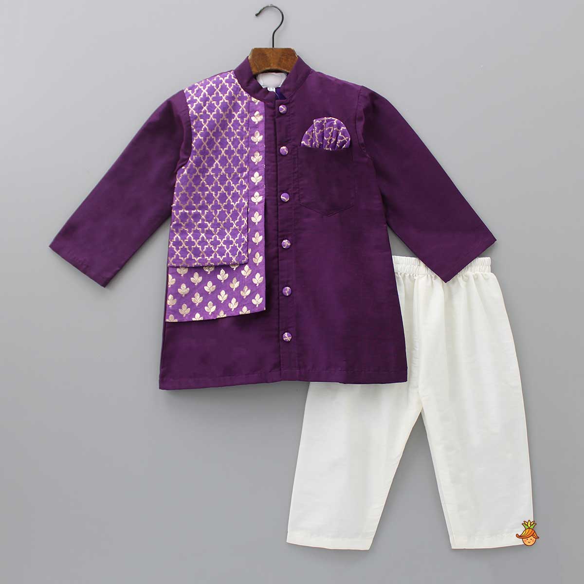 Kurta With Brocade Printed Attached Half Jacket And Pyjama